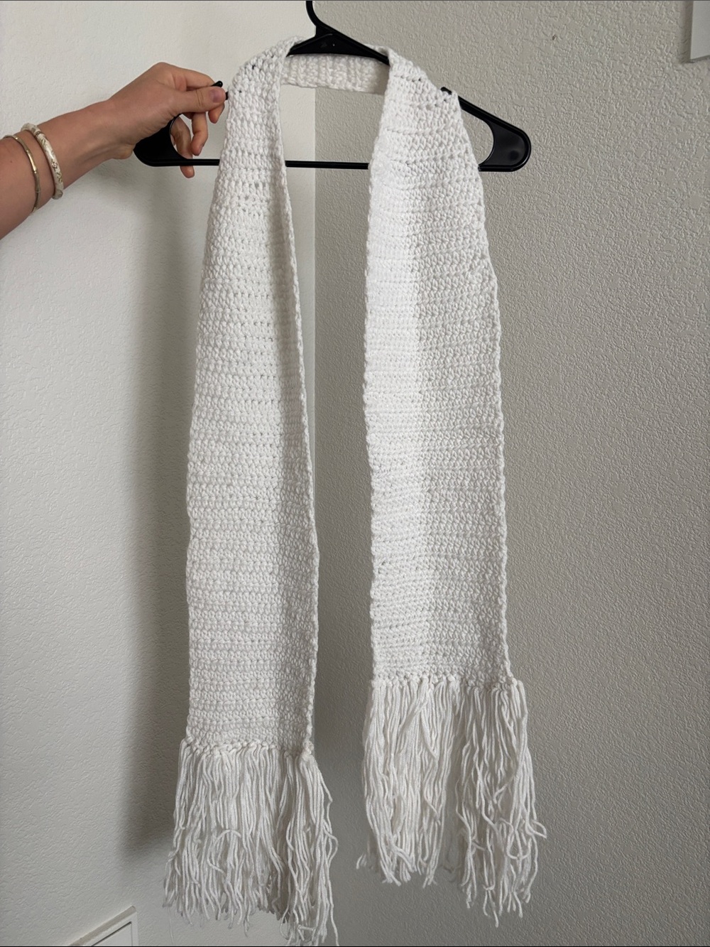 Handmade White Crocheted Fringe Scarf - Home Accents